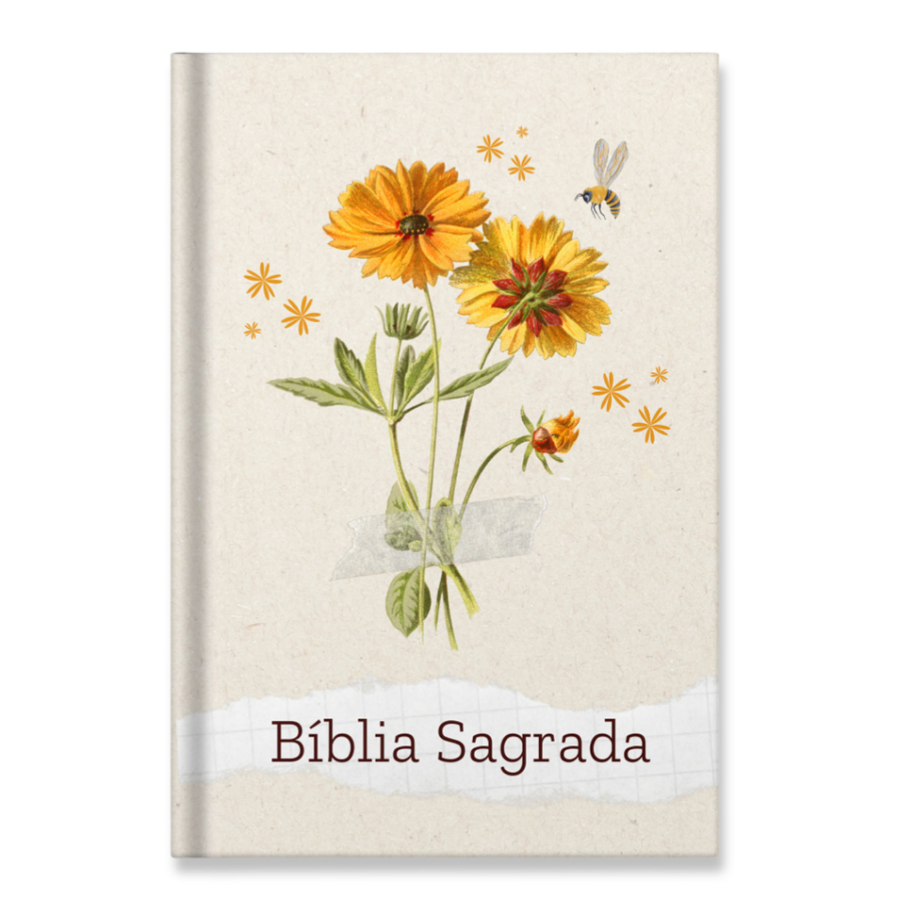 Bíblia Letra Grande Capa Dura Harpa E Corinhos Flores e abelha feminino Fitilho Moderno 0055