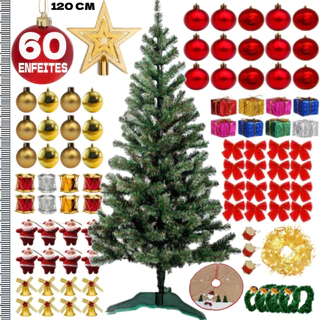 Kit Arvore Natal 120cm 120 Galhos Verde Pinheiro Mais 60 Enfeites Decoração Natalina
