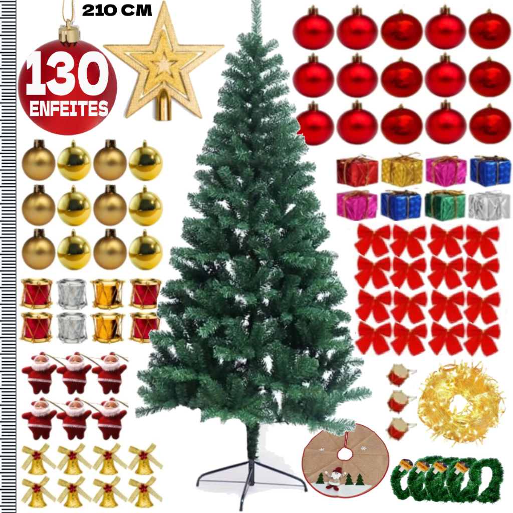 Kit Arvore Natal 210cm 450 Galhos Verde Pinheiro Mais 130 Enfeites