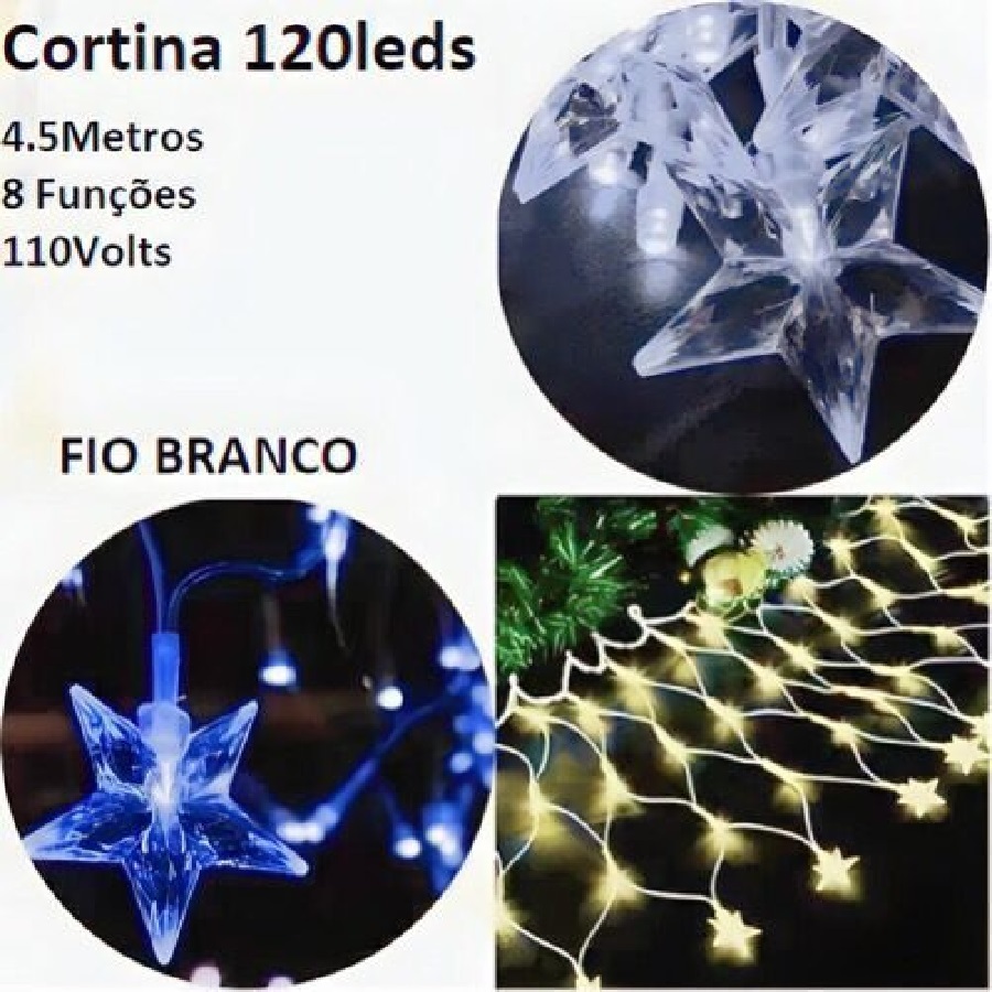 Cascata Cortina 4.5M 120 Leds 8Funções 127V Rede Com Estrela Na Ponta Pisca Pisca Fio Branco