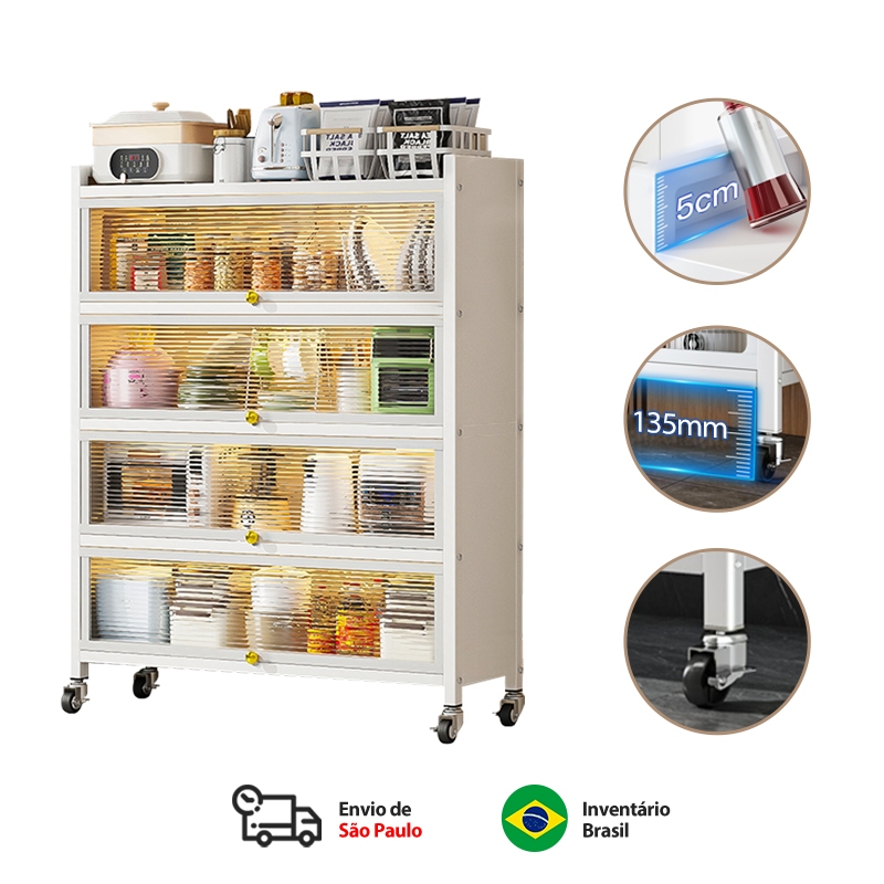 Armário De Cozinha Banheiro Organizador Multiuso Buffet Aparador Sala Aço Guarda Roupa 4 Portas Cor Branco/Preto