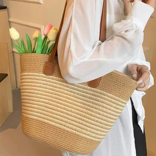 Bolsa de palha de grande capacidade para férias casuais praia portátil nova moda bolsa de ombro tecida em Oferta na Shopee
