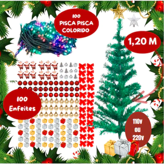 Árvore Natal 120cm + 100 Pisca Pisca Colorido Com 100 Enfeites Decorada Pinheiro Grande Luxo 110 Galhos Verde 110v 220v