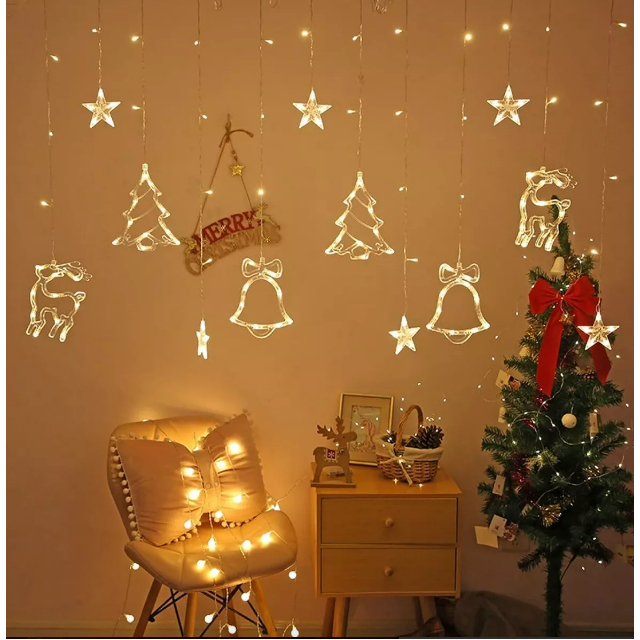 Cascata Led Natal Com Estrelas Rena Pinheiro 8 Funções 110v