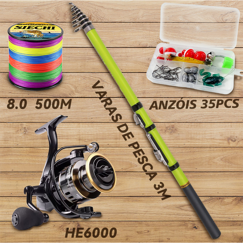 Kit Pesca Completo Profissional Molinete + Kit 35 Peças De Anzol + Vara+Linha