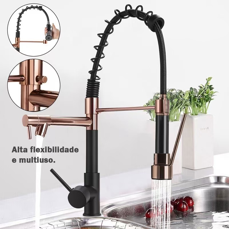 Torneira Cozinha Gourmet Monocomando Com Spray Extensor-Preto Rosa Ouro