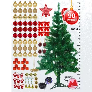 Árvore De Natal 90cm Completa Decorada Kit 90 Enfeites Pisca 110v / 220v