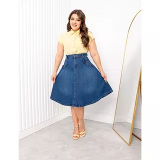 Saia Midi Evasê Rodada/Godê - Jeans com elastano - escura