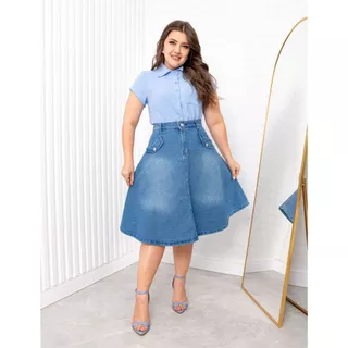Saia Midi Evasê Rodada/Godê - Jeans com elastano - clara