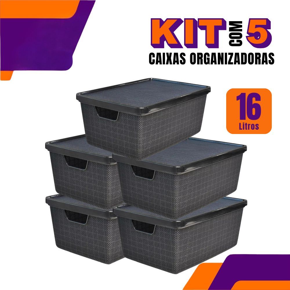 Kit 5 Caixa Organizadora Jutta Preto 16 Litros Cesto Organizador Gavetas Guarda-Roupas Armario Brinq