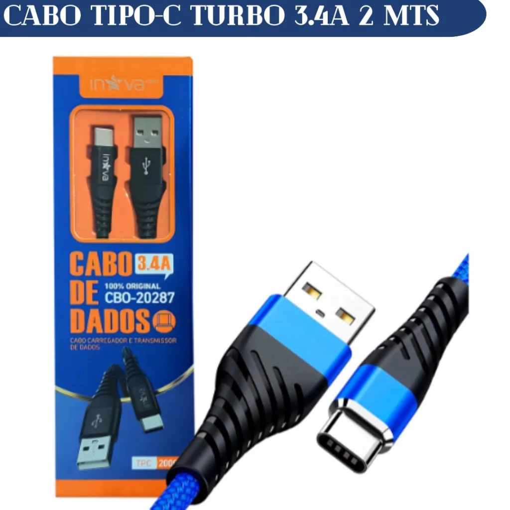 Cabo Carregador Tipo C Usb-C Inova Turbo Blindado 2 Metros Gratis 2 Protetor de Cabo