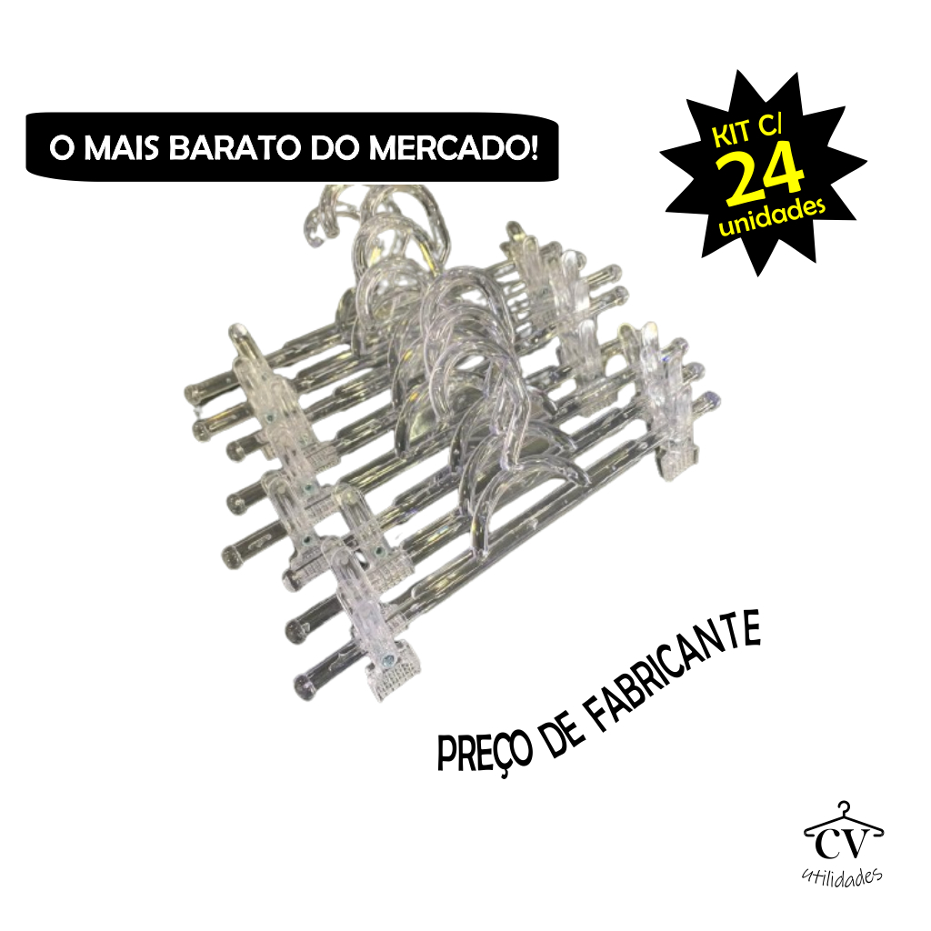 Cabide Saia Acrílico com presilha para roupas 22 unidades