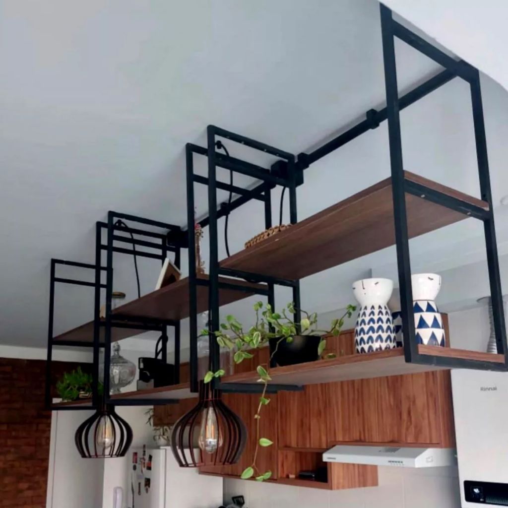 3 Suportes Estilo Industrial Para Prateleiras Parede e Teto 70cm Preto ...