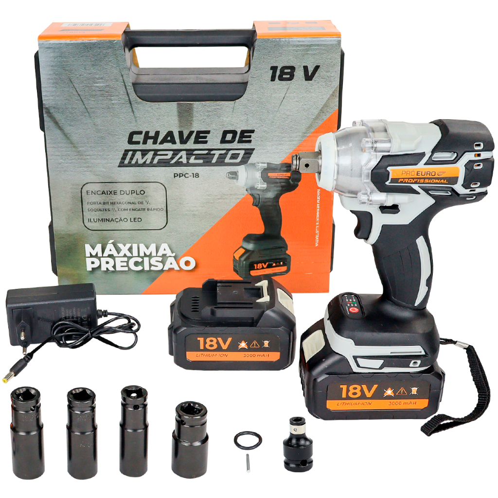 Chave de Impacto Brushless Profissional 300Nm 18V 2400rpm Pró Euro + Maleta, 2 Baterias e 4 Soquetes