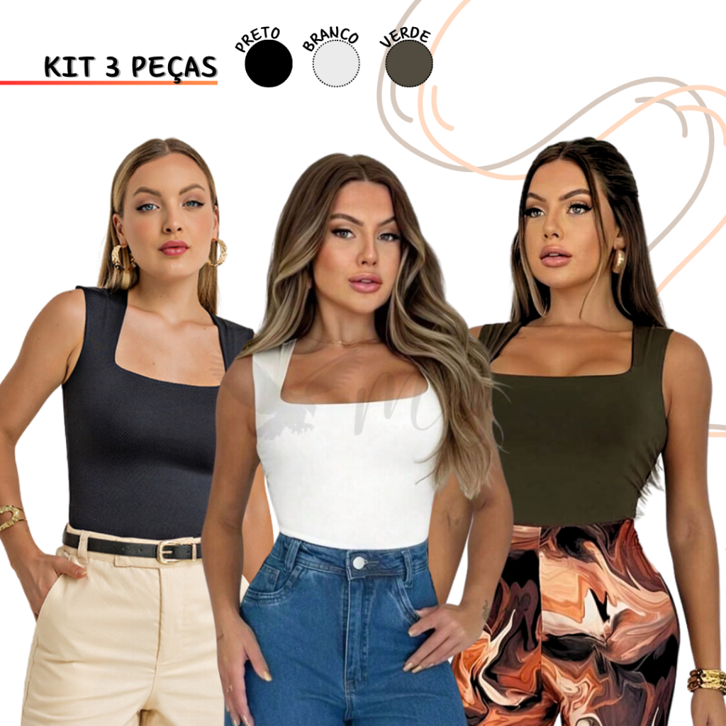 Oferta 3 Body Collant Regata Suplex Decote Quadrado Com Forro Sem Bojo ...