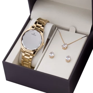 Relogio Feminino Dourado Digital Espelhado Champion Original Com Colar e Brincos CH48019B