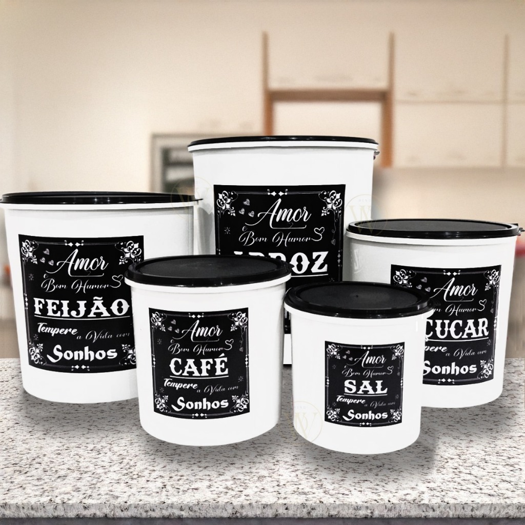 Kit 5 Potes de mantimentos Plástico Decorado Porta Mantimento