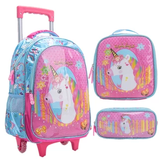 Mochila Escolar Infantil de Rodinhas Menina Menino Bolsa Resistente Impermeável Com Lancheira e Estojo 1111