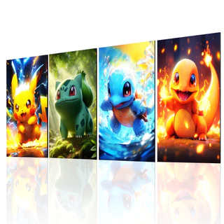 kit 4 Quadros Decorativos Pokémon Charizard, Pikachu, Squirtle e Bulbasaur