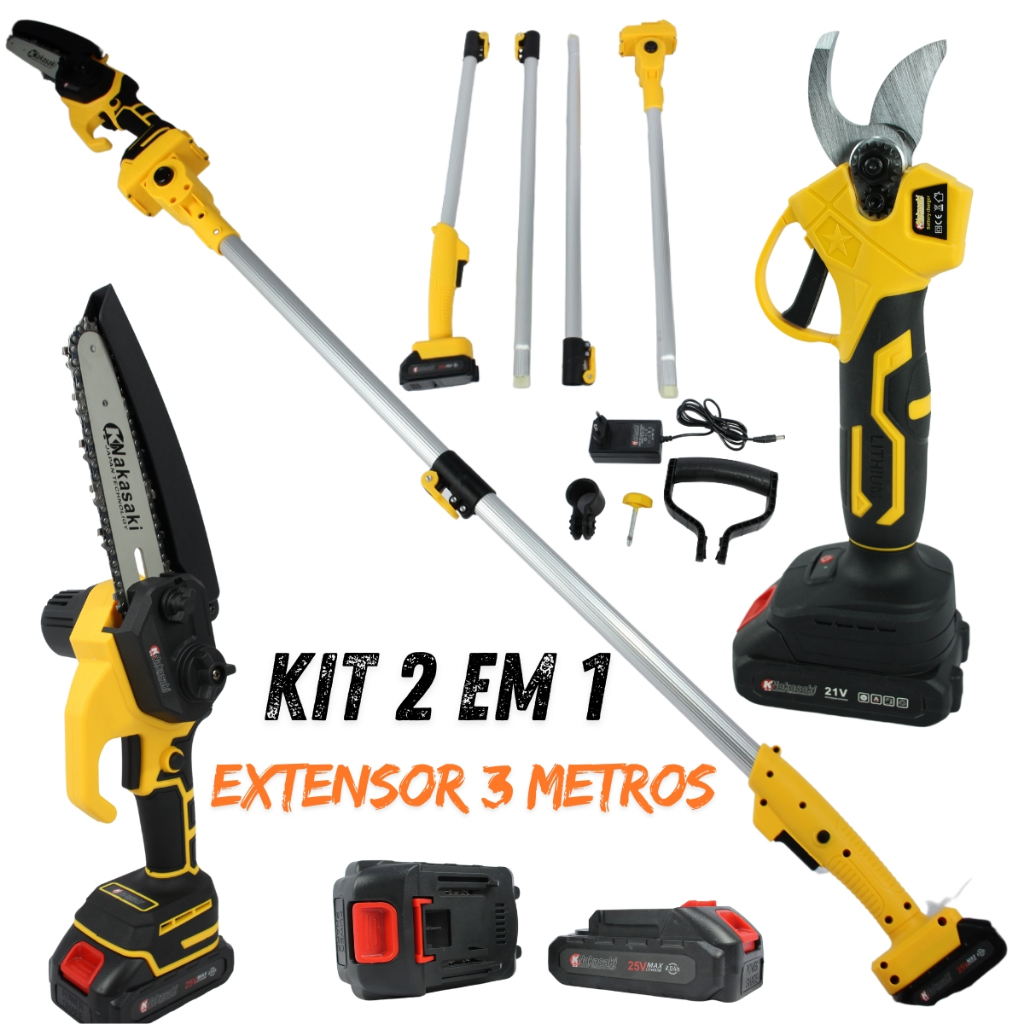 KIT MOTOSSERRA A BATERIA + TESOURA PARA PODA COM EXTENSOR DE 3 METROS MULTIFUNÇOES