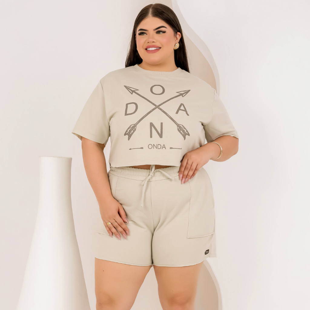 Conjunto Shorts Feminino e Blusa Curta Cropped Verão Plus Size Dona Onda