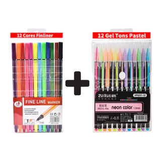 Kit Canetas Fineliner 12 Cores + Canetas Gel 12 Cores Tons Pastel ou + 12 Canetas Brush pen