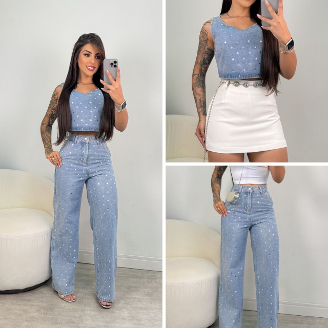 Conjunto de blusa e calça jeans cintura alta com brilho em