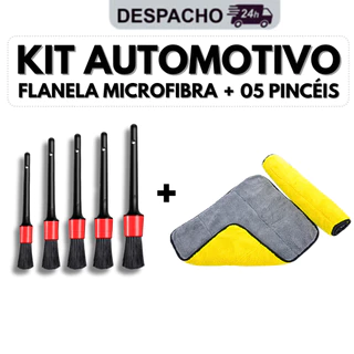 Kit Automotivo Lavagem Flanela de Microfibra 30x40cm + 05 Pincel Detalhamento