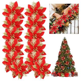 Kit 12 Flores De Natal Pick Up Arvore Artificial Decoração Enfeites Para Arvore de Natal