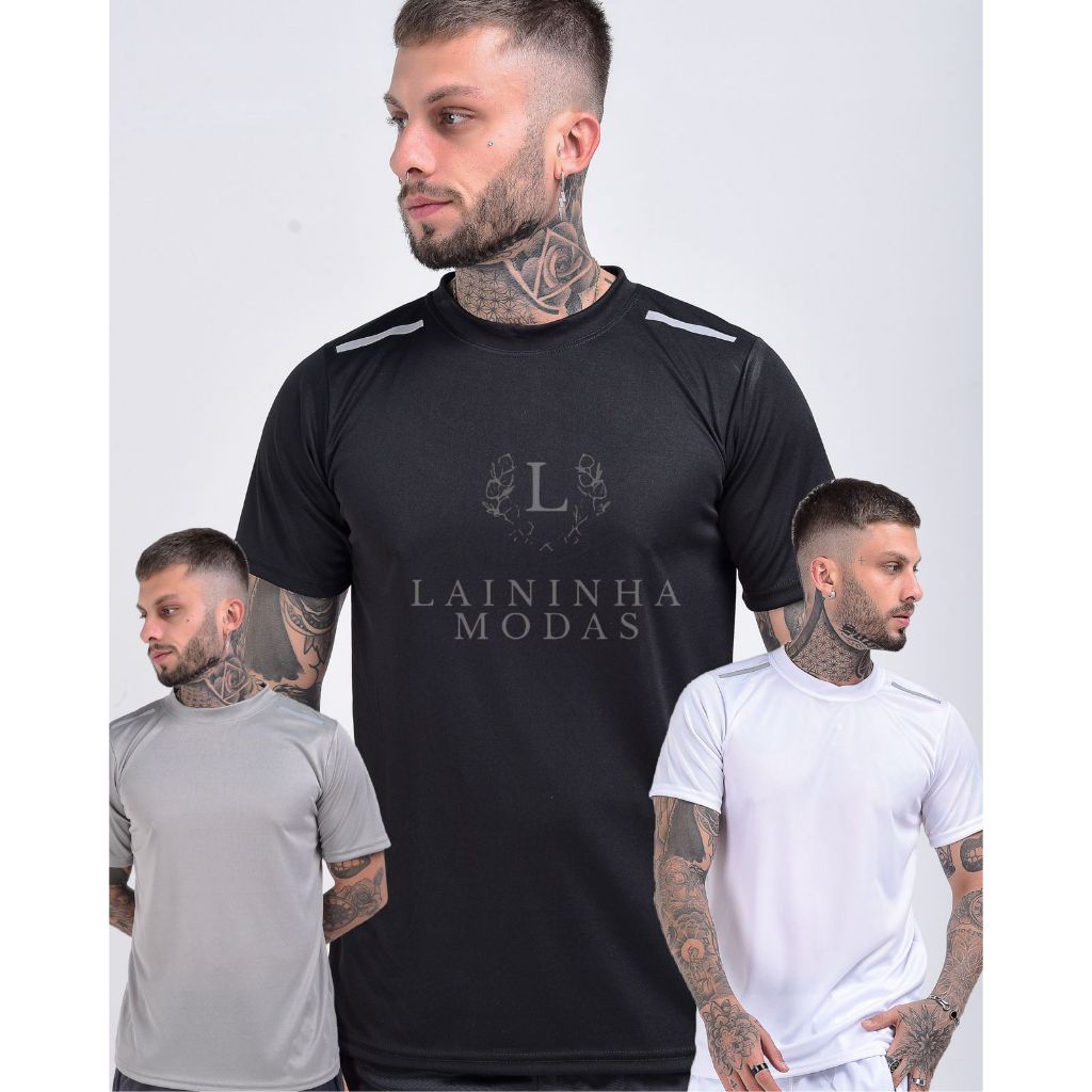KIT 3 CAMISAS MASCULINAS LISAS COM LINHA REFLETIVA OMBRO QUE BRILHA NO FLASH- DIVERSAS CORES