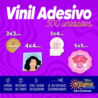 500 Adesivos, etiquetas e rótulos em Vinil 3x3 4x4 5x5 3x4 personalizados a prova dágua