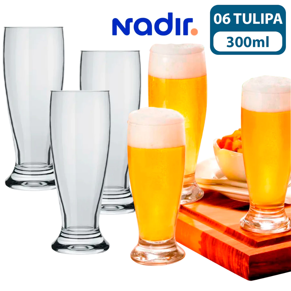 Kit Jogo 6 Copos de Vidro 300ml Tulipa Munich Copo De Chopp Cerveja taça Nadir Figueiredo