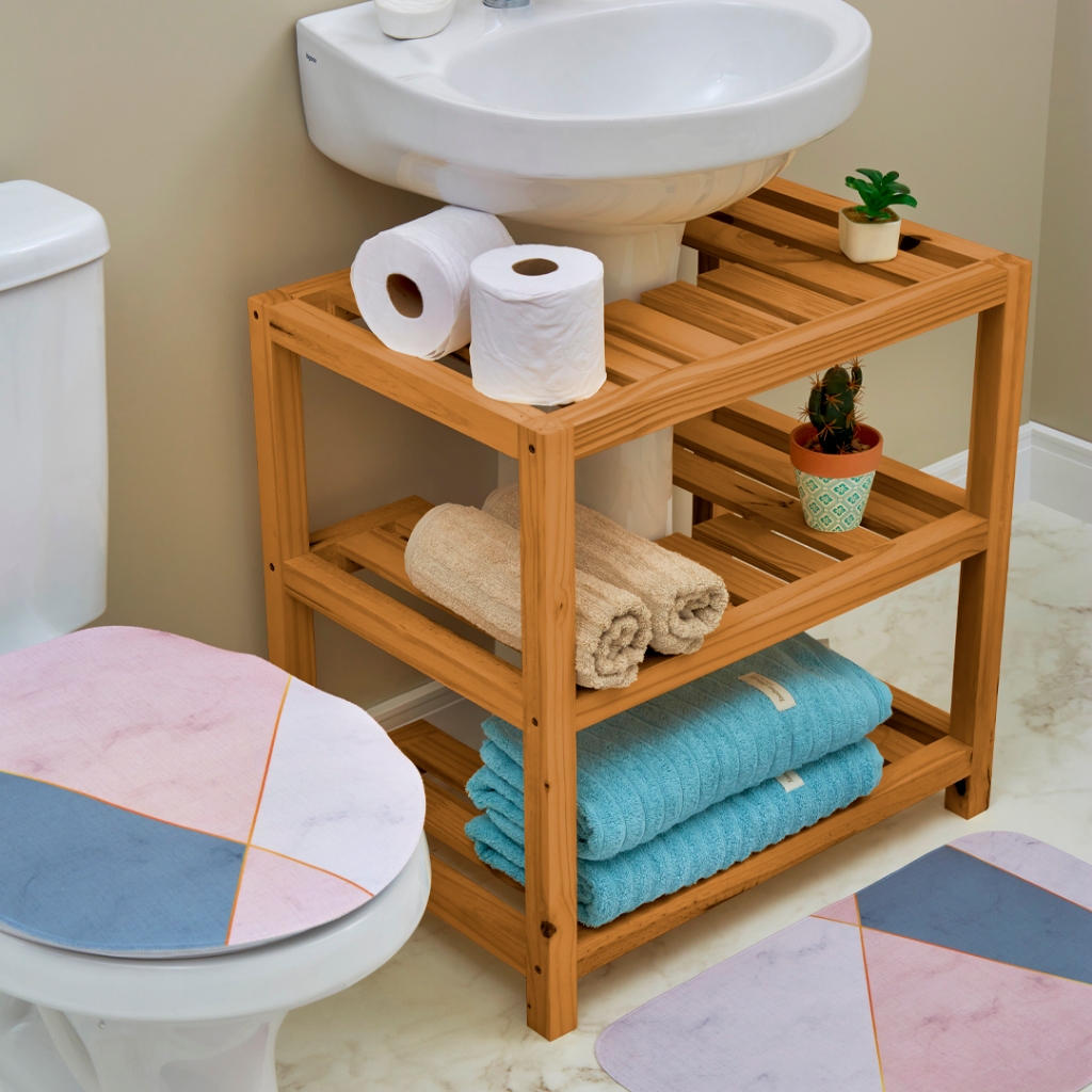 Estante para Banheiro Pia Coluna, Gabinete Banheiro, Móvel para Banheiro, Acabamento Envernizado TOP