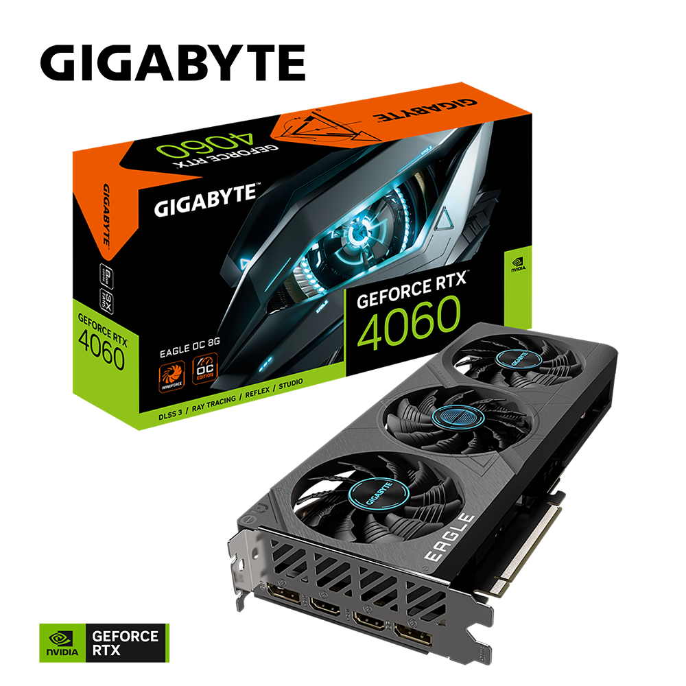 Placa de Vídeo Gigabyte GeForce RTX 4060 EAGLE OC, 8GB GDDR6, Ray Tracing, GV-N4060EAGLE OC-8GD