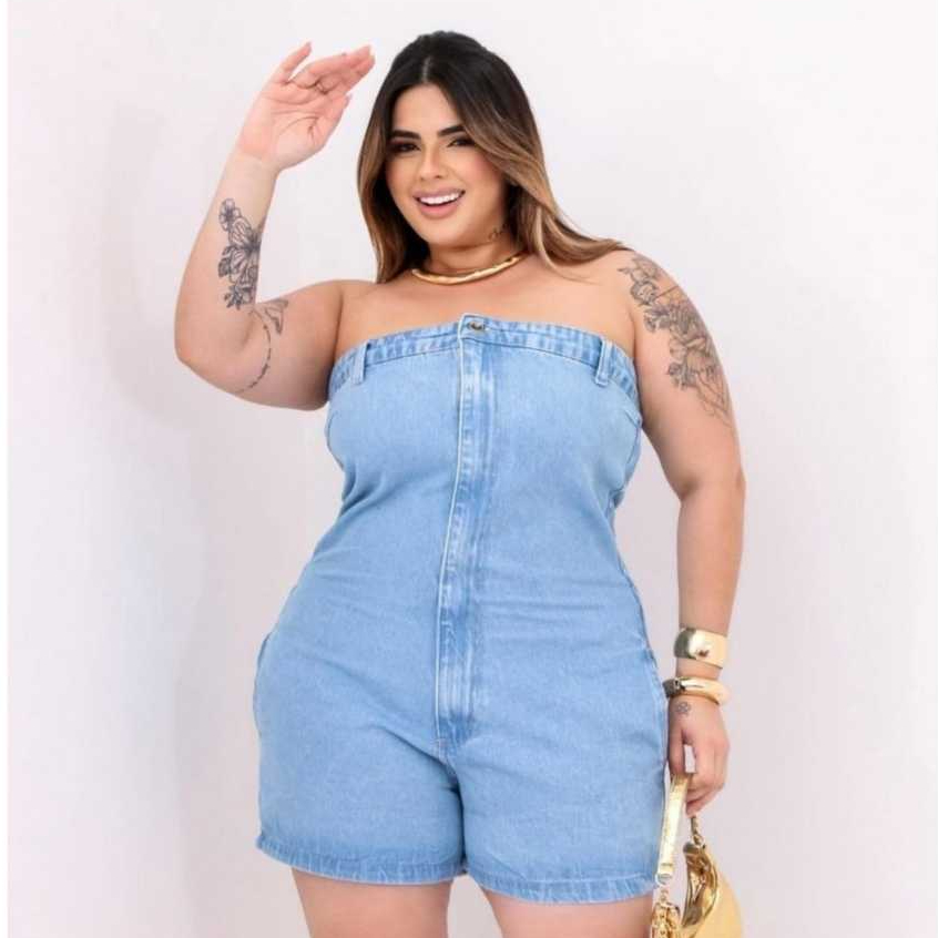 Macaquinho Jeans Plus Macaquinho Curto Plus Size Shorts Izzat