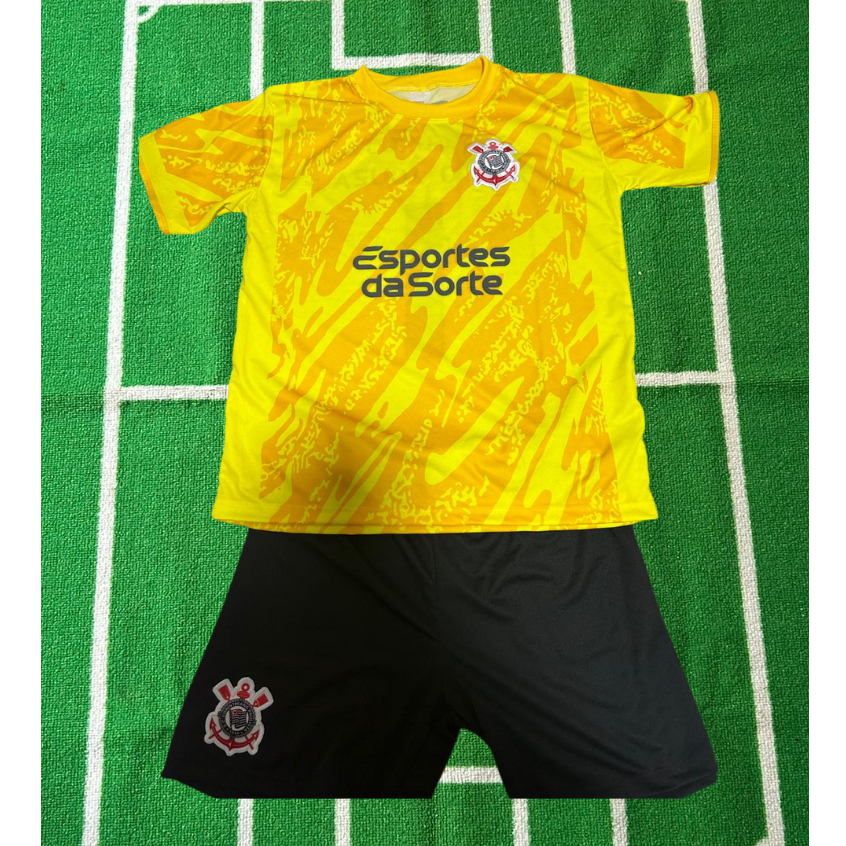 Conjunto Esportivo Infantil Corinthians Amarelo Goleiro Hugo Souza Memphis Camiseta Shorts Bermuda Camisa Futebol