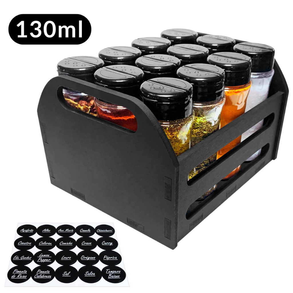 1 Caixa MDF Porta Tempero Condimentos com 12 Potes 130ml Tampa Dupla com Etiquetas