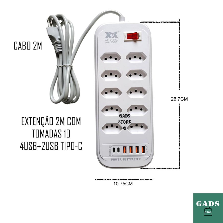 Extensão de Tomadas Filtro Elétrica 2 Metros Bivolt Régua 10 Tomada Filtro de Linha 4USB 2USB C