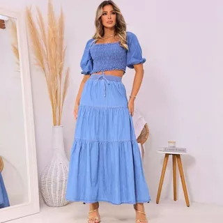 Saia Longa Jeans 3 Marias Elástico Na Cintura Premium Rzi