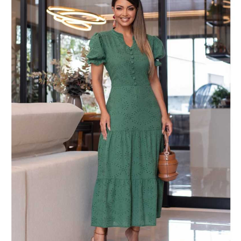 Vestido Em Lese de Algodão Com Lastex Midi Luxo Festa Moda Evangelica ...