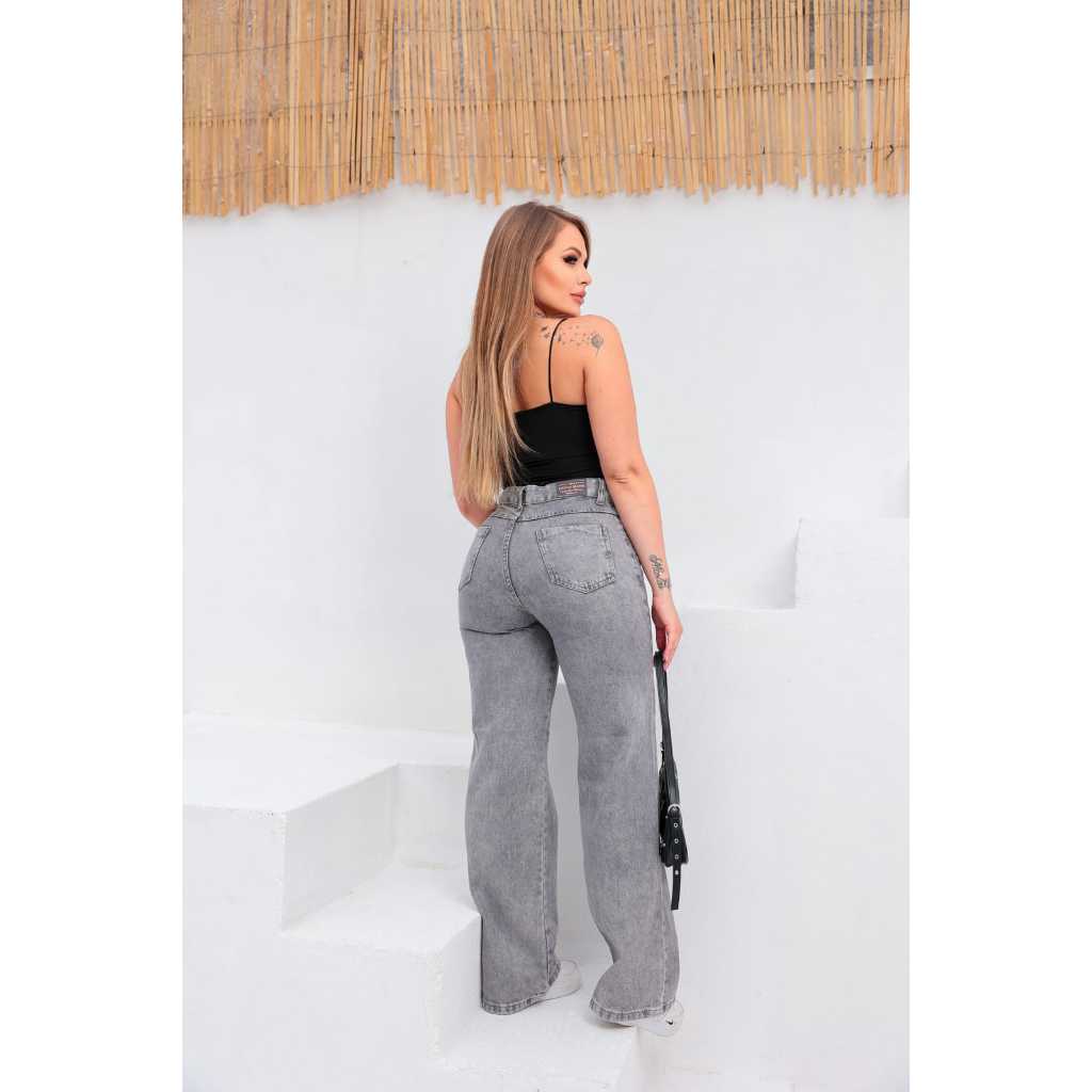 Calça Jeans Pantalona Wide Leg Cinza Grafite | Shopee Brasil
