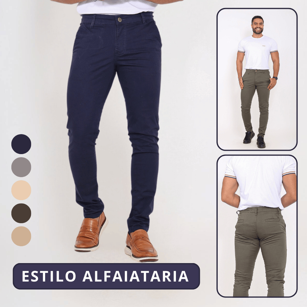 Calça Masculina Sarja Alfaiataria Sport Fino Slim com Lycra, Bolso Embutido Tecido Premium Acetinado