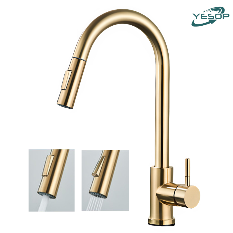 Torneira Cozinha Bancada Gourmet Com Bica Extensível Cor Dourada Escovada Yesop