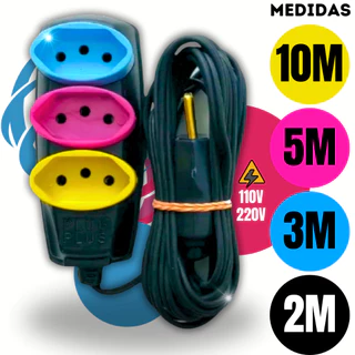 Extensão elétrica 2 Metros Extensão de Energia 3 Tomadas com 3 metros 5 metros 10 metros
