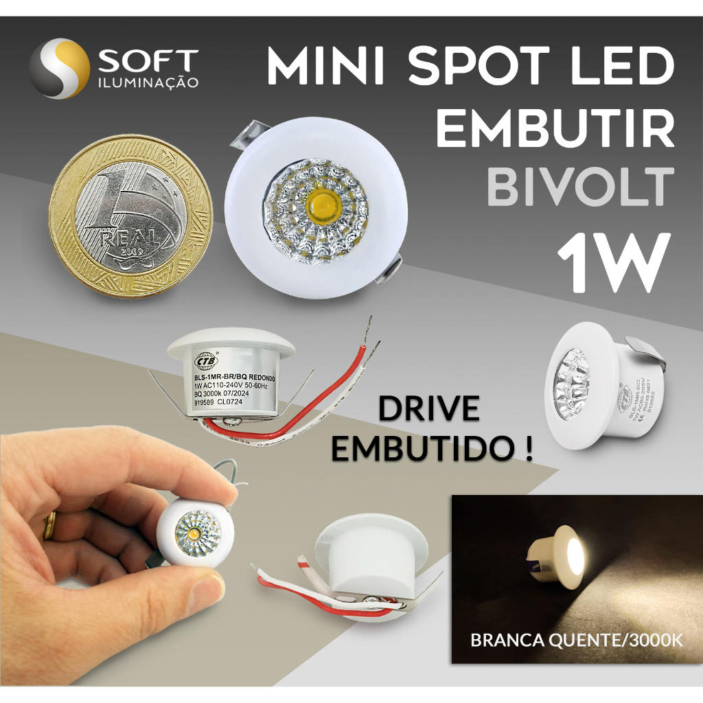 Mini Spot LED Embutir 1W Redondo Bivolt Luz Branca Quente/3000K - COM ...