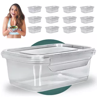 Kit 12 Potes 750 ml com trava Transparente retangular BPA Free Marmita Fitness