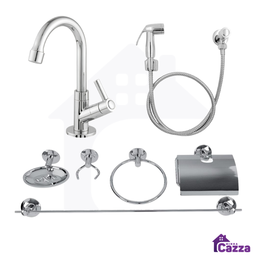 Kit Banheiro Acessórios 7 peças Metal Inox com Ducha Higiênica + 1 Torneira bancada Banheiro