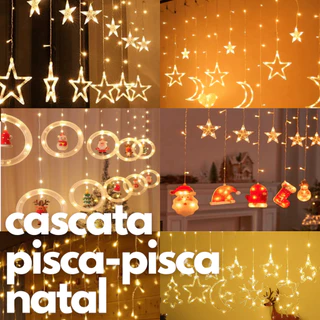 Decoração Cascata Natal Com Pisca Pisca Led Estrela Lua Papai Noel Neve Luz Branco Quente Sacada