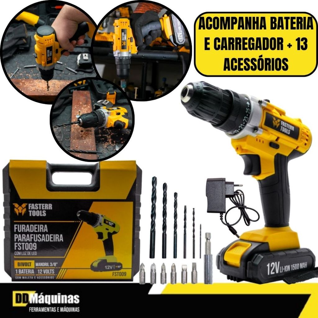 Furadeira Parafusadeira FST009 3/8 12V c/ 13 Acessórios e Maleta Fasterr - Fasterr