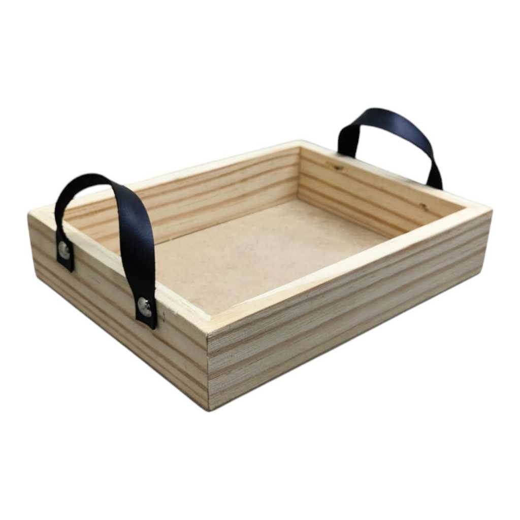 Bandeja De Madeira De Pinus Com Alca De Couro Courino
